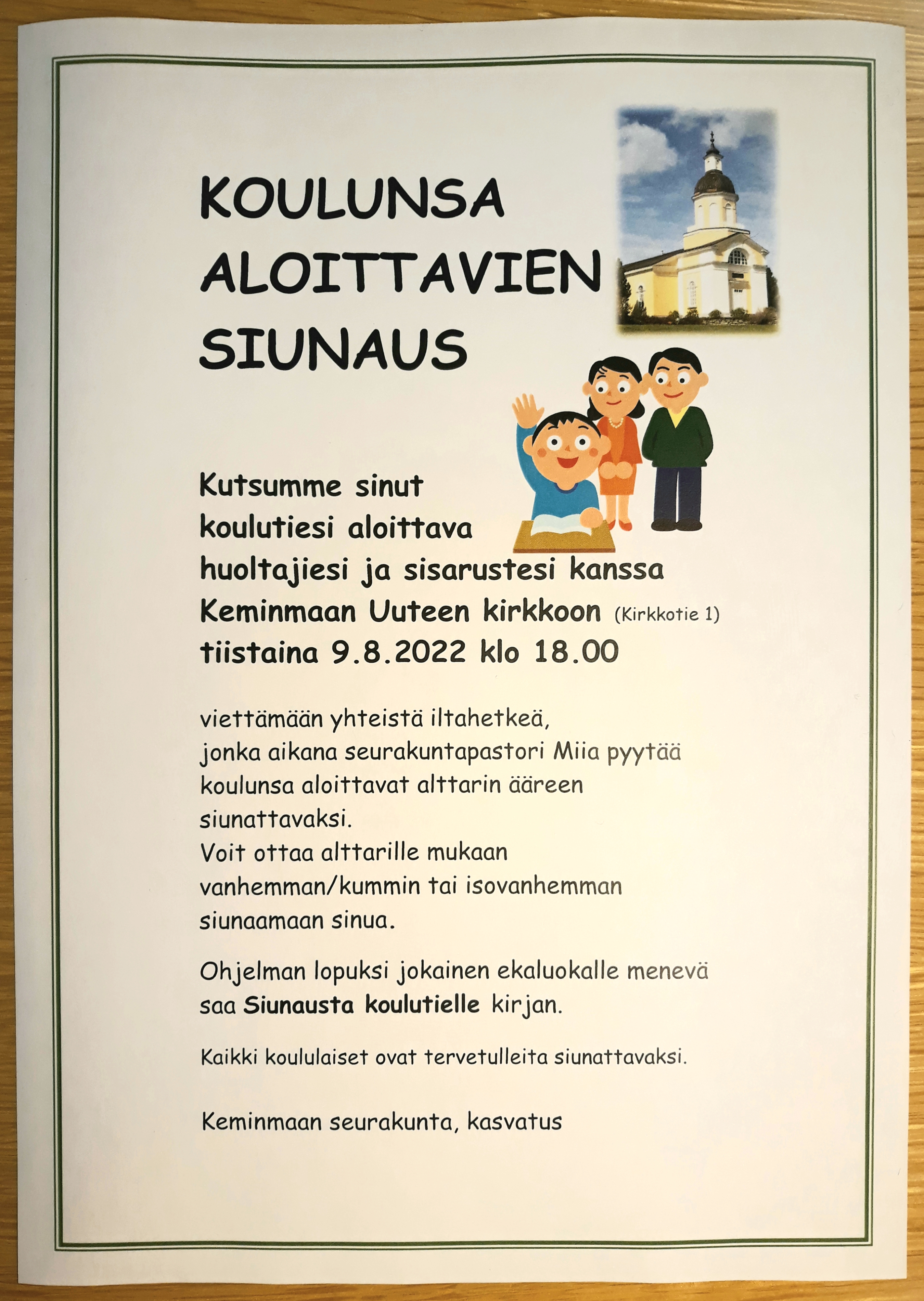 kouluun lähtevien siunaus mainos