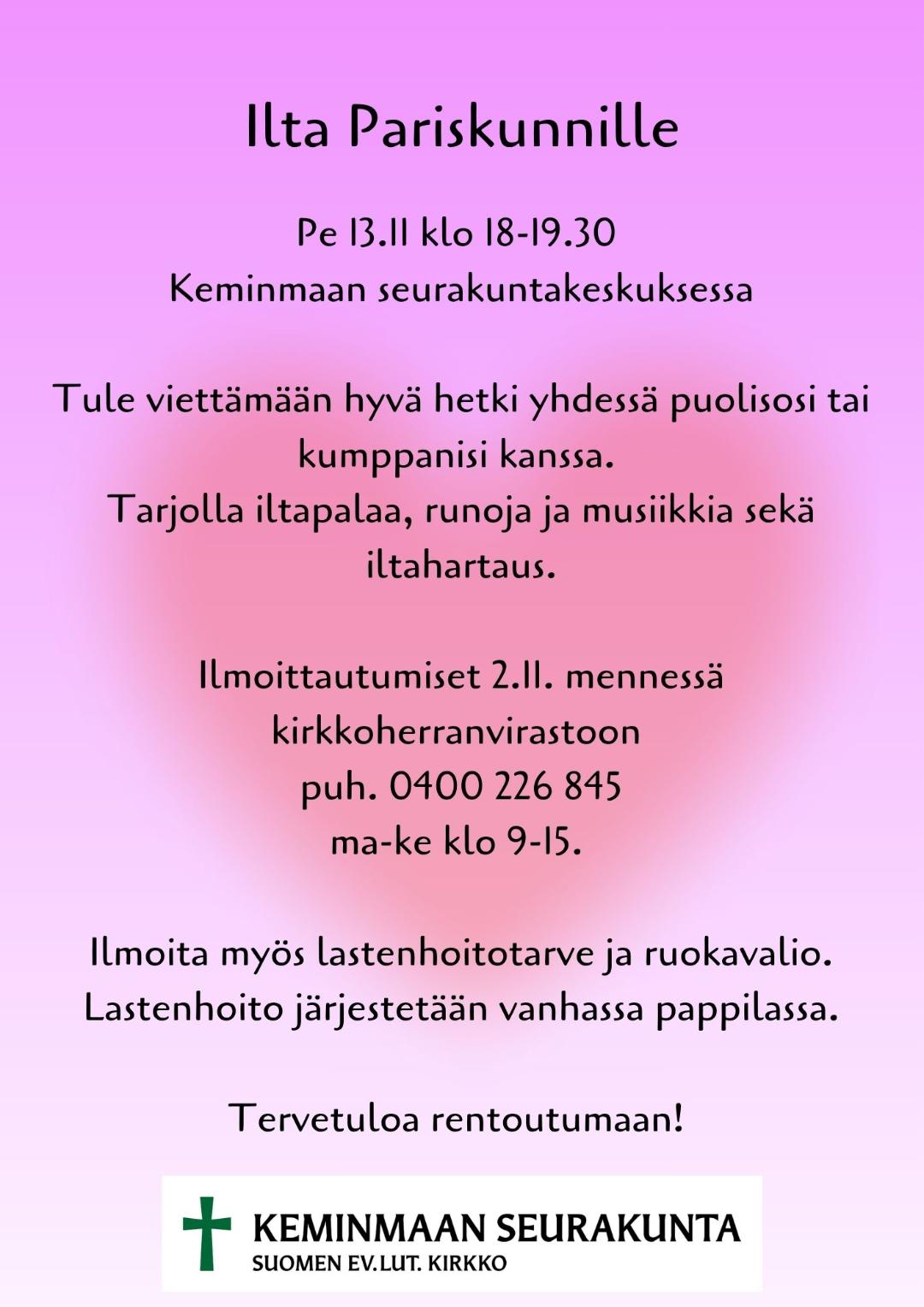 Mainos tapahtumasta Ilta pariskunnille